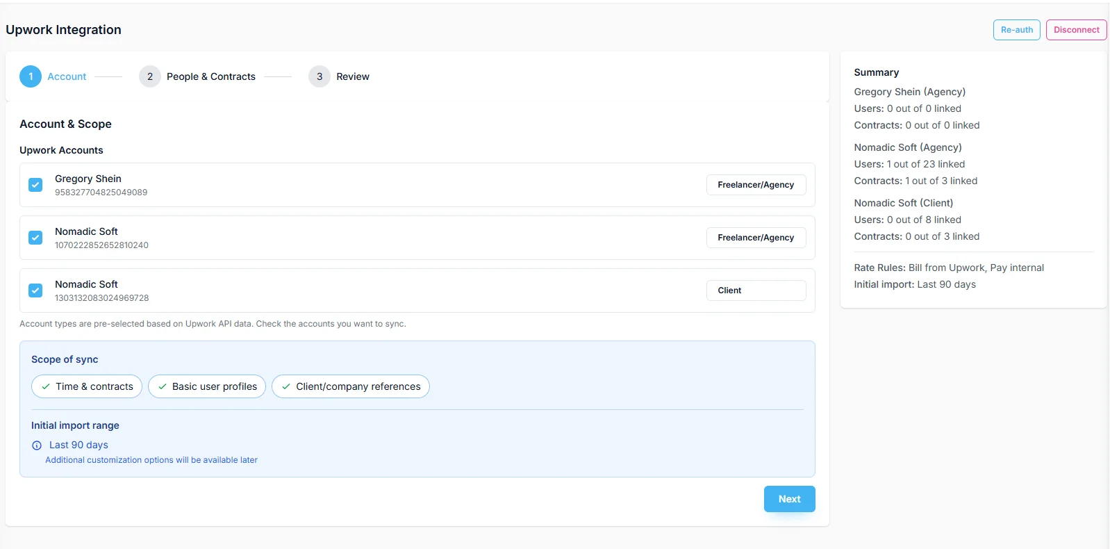 Step 1: Account selection screen showing multiple Upwork organizations with account type badges, profile pictures, and sync scope information
