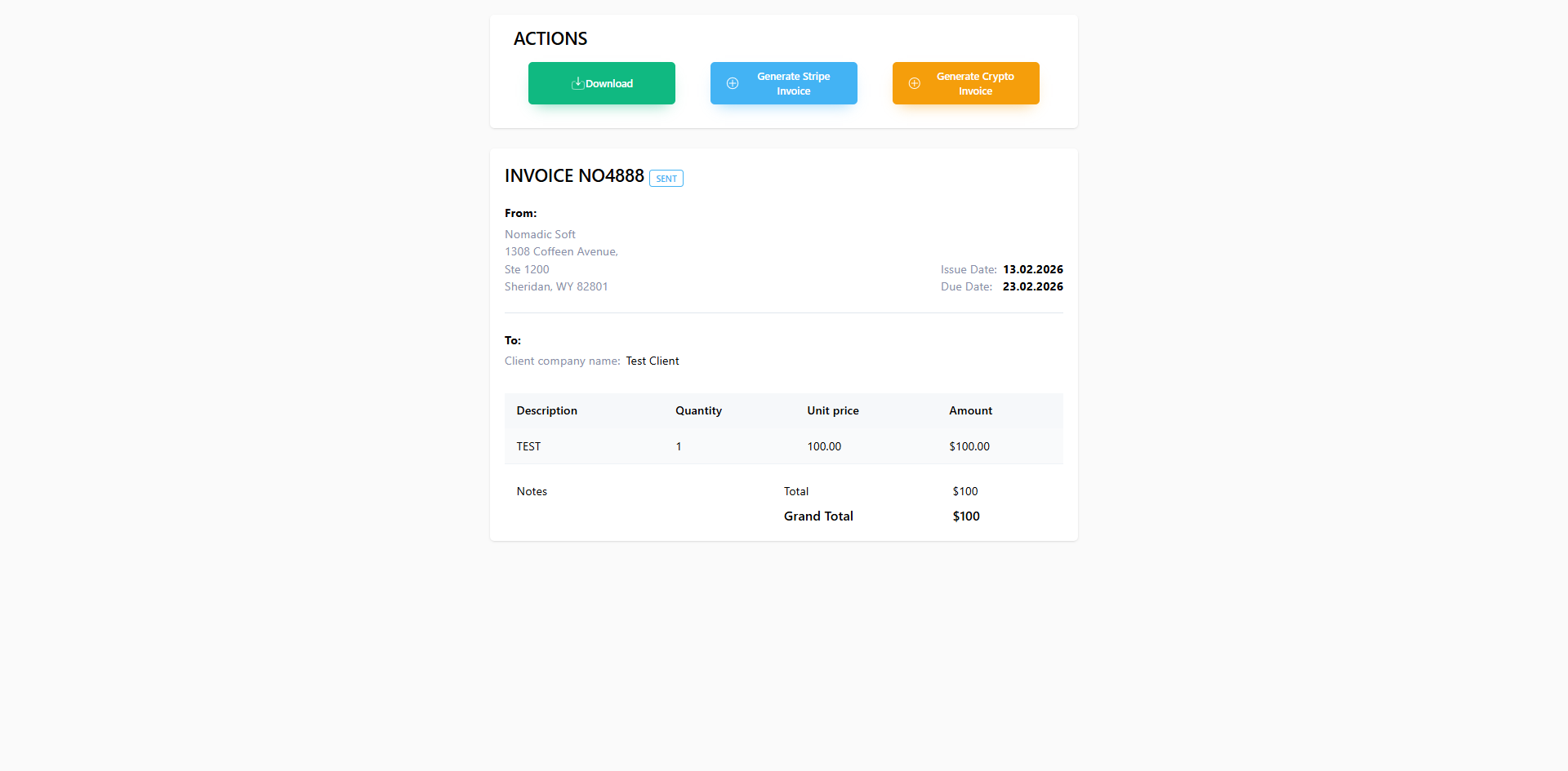 Invoice with Generate Stripe Invoice and Generate Crypto Invoice options