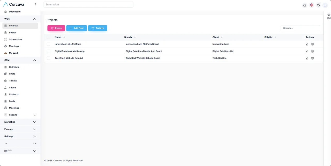 Corcava sidebar with all product modules