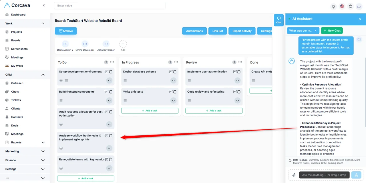 AI assistant actions in Corcava