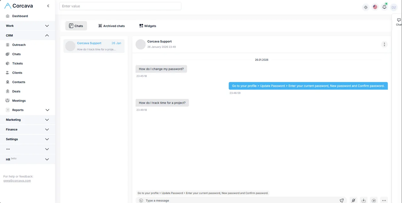 AI chatbot conversation in Corcava