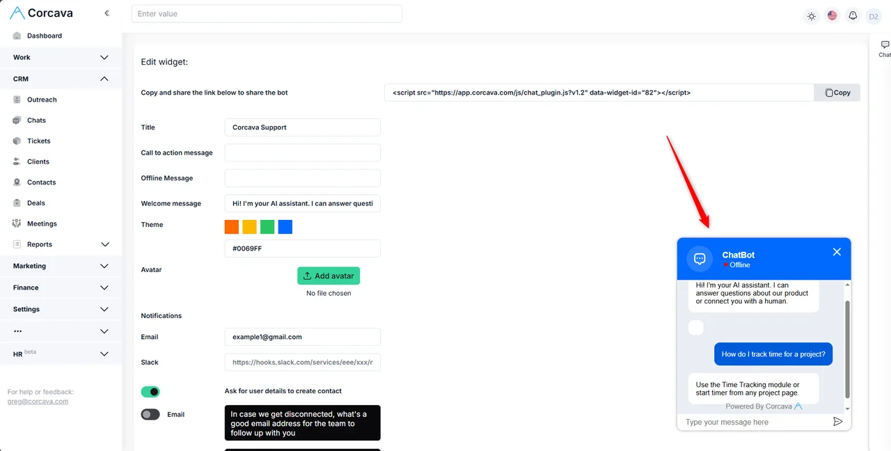 Customer support chat in Corcava
