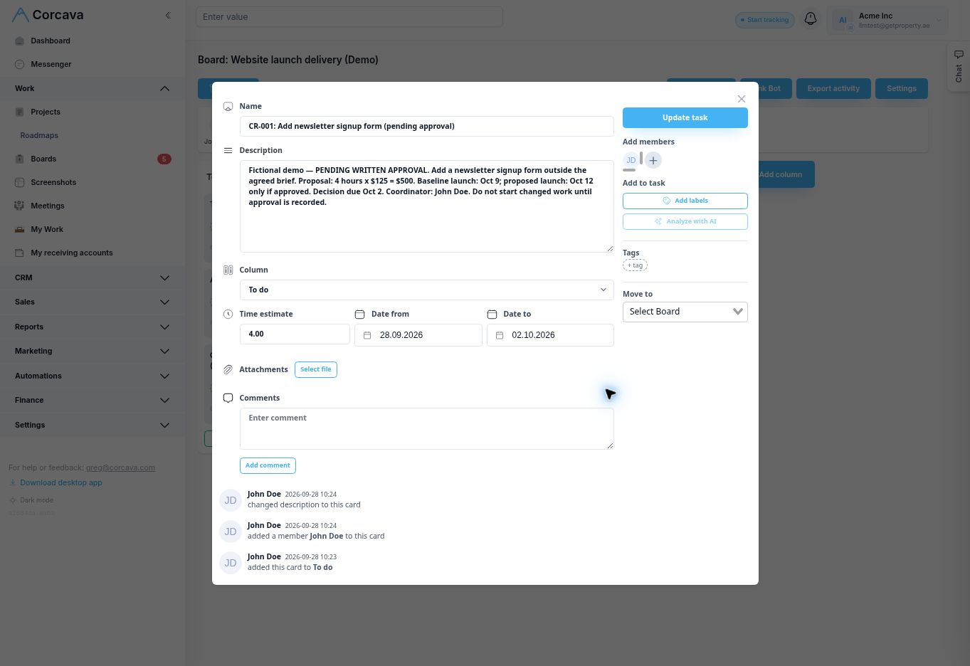 Corcava task recording CR-001 as a pending newsletter signup form proposal