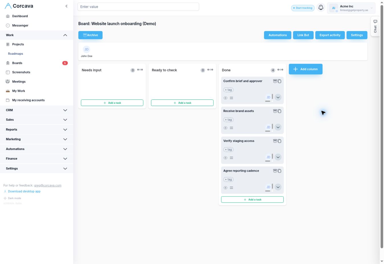 Corcava demo board showing the four completed onboarding actions