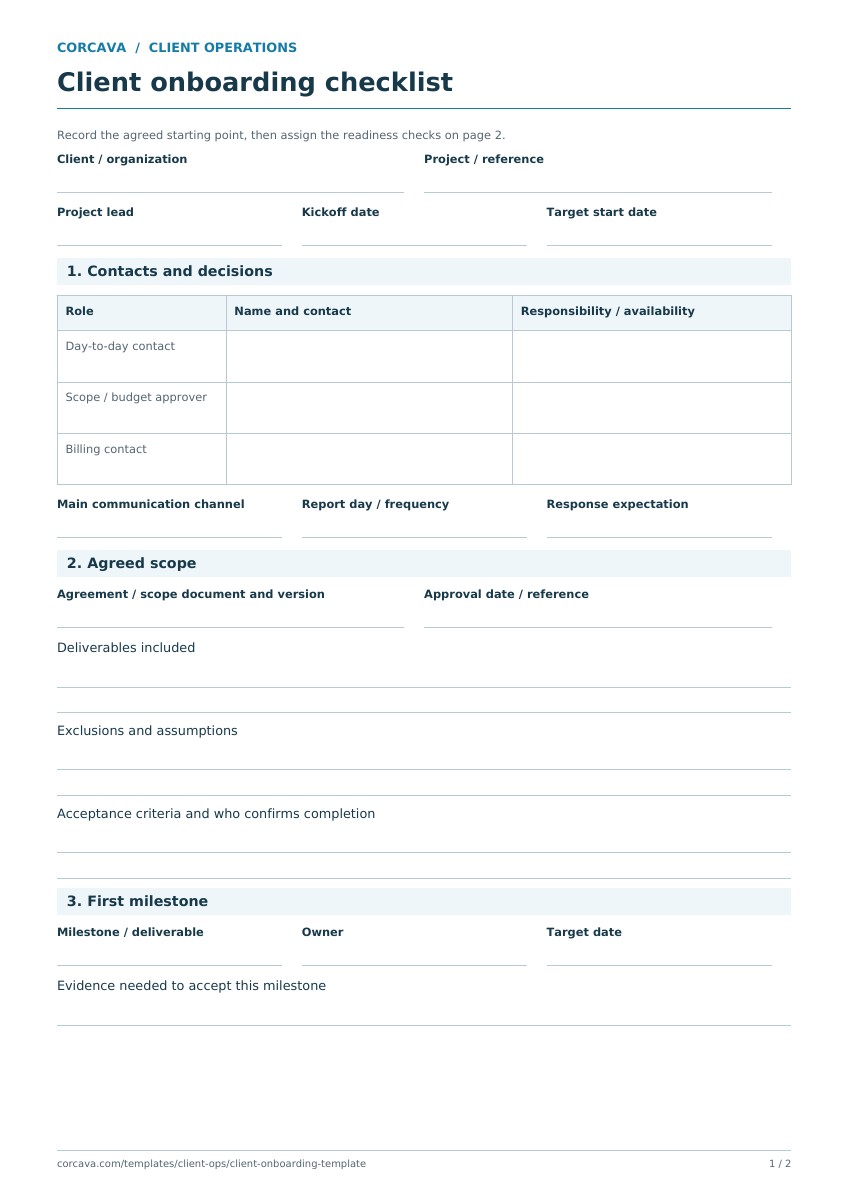 Blank onboarding checklist PDF with contact, scope and first-milestone fields