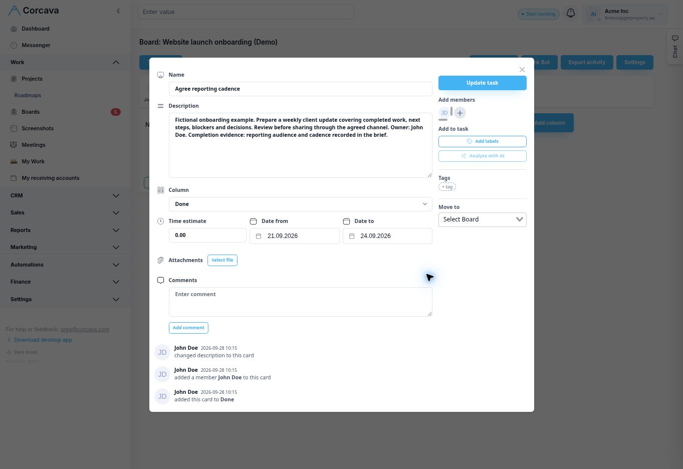 Corcava onboarding task with its assigned coordinator and due date