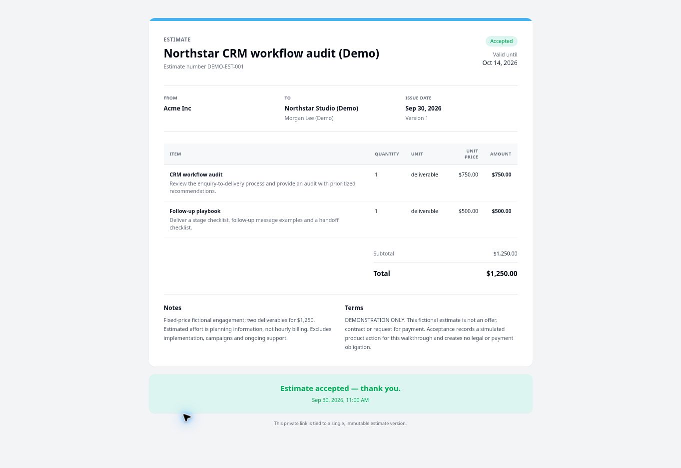 Public estimate view showing Accepted for the fictional $1,250 consulting engagement