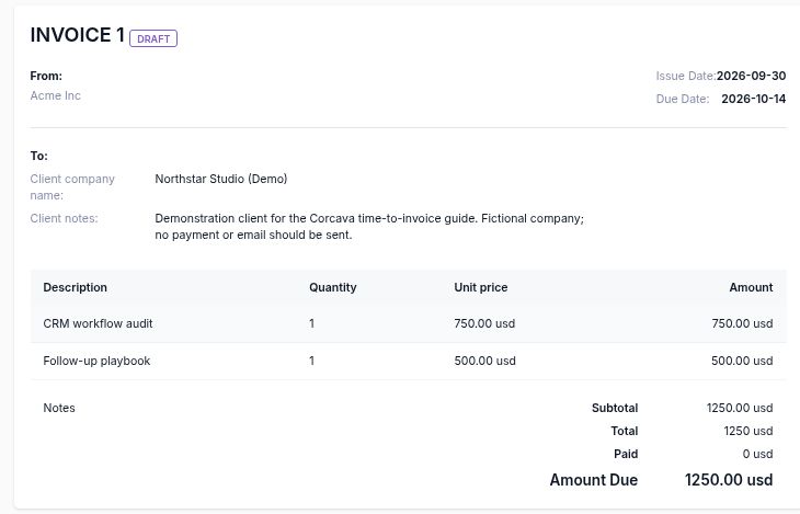 Invoice 1 in Draft with a $1,250 total and $0 paid for the two consultant deliverables