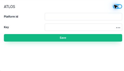 Real Corcava ATLOS integration card showing the Platform id and Key fields and Save button