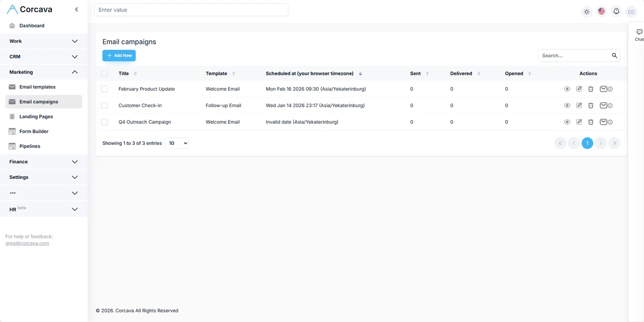 Email marketing dashboard in Corcava