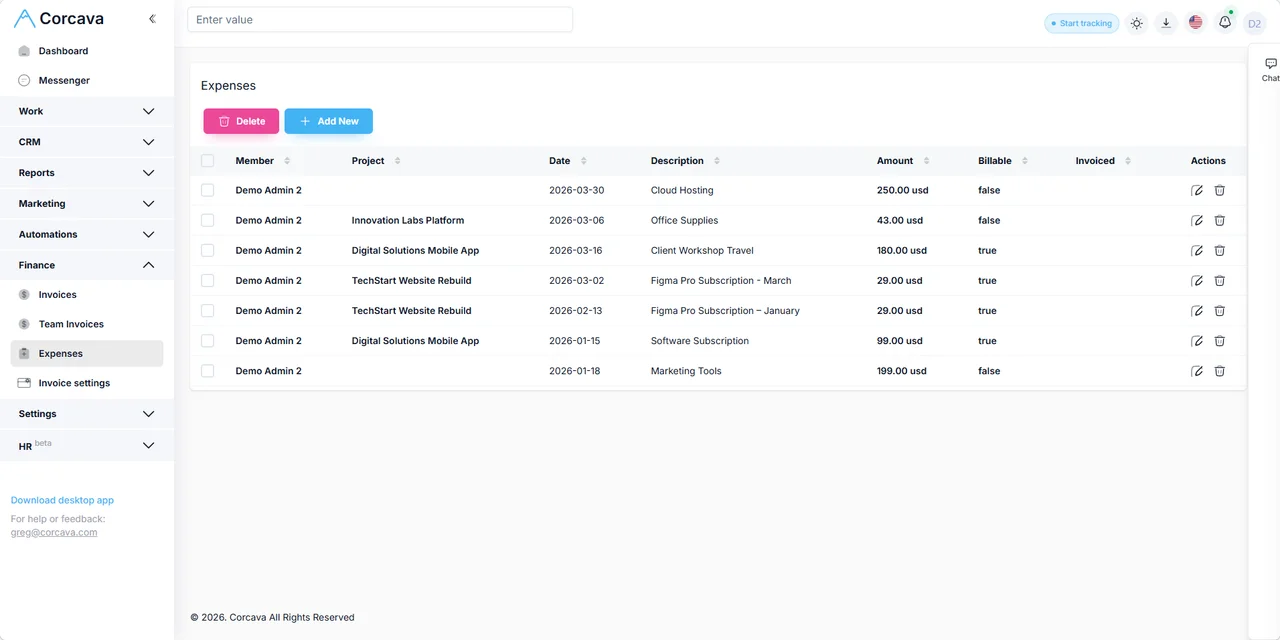 Expense tracking in Corcava