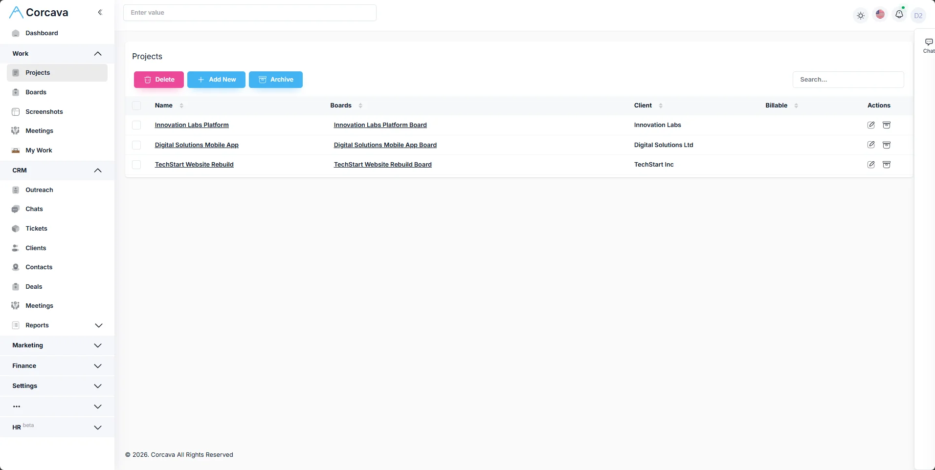 Corcava showing CRM, projects, time tracking, invoicing, forms, and chat modules in unified interface