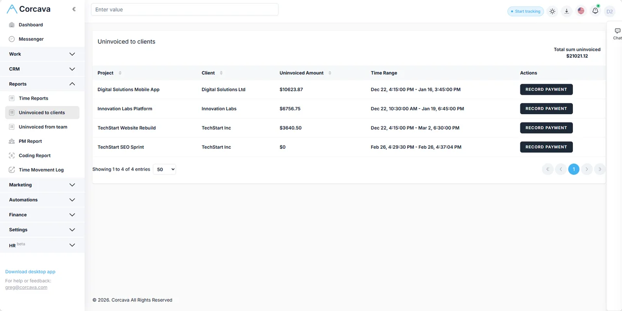Financial drilldown showing uninvoiced and billed activity by project