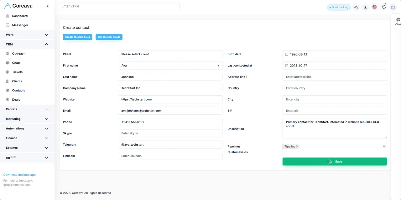 Custom fields on contact form in Corcava