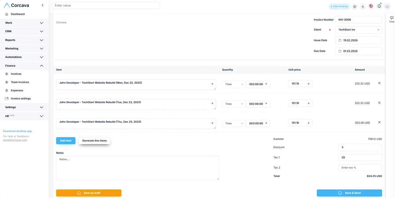 CRM, time tracking, and invoicing connected in one Corcava workspace
