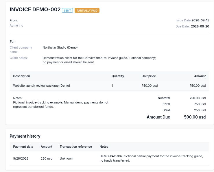 Corcava demo invoice showing USD 750 total, USD 250 paid, and USD 500 remaining