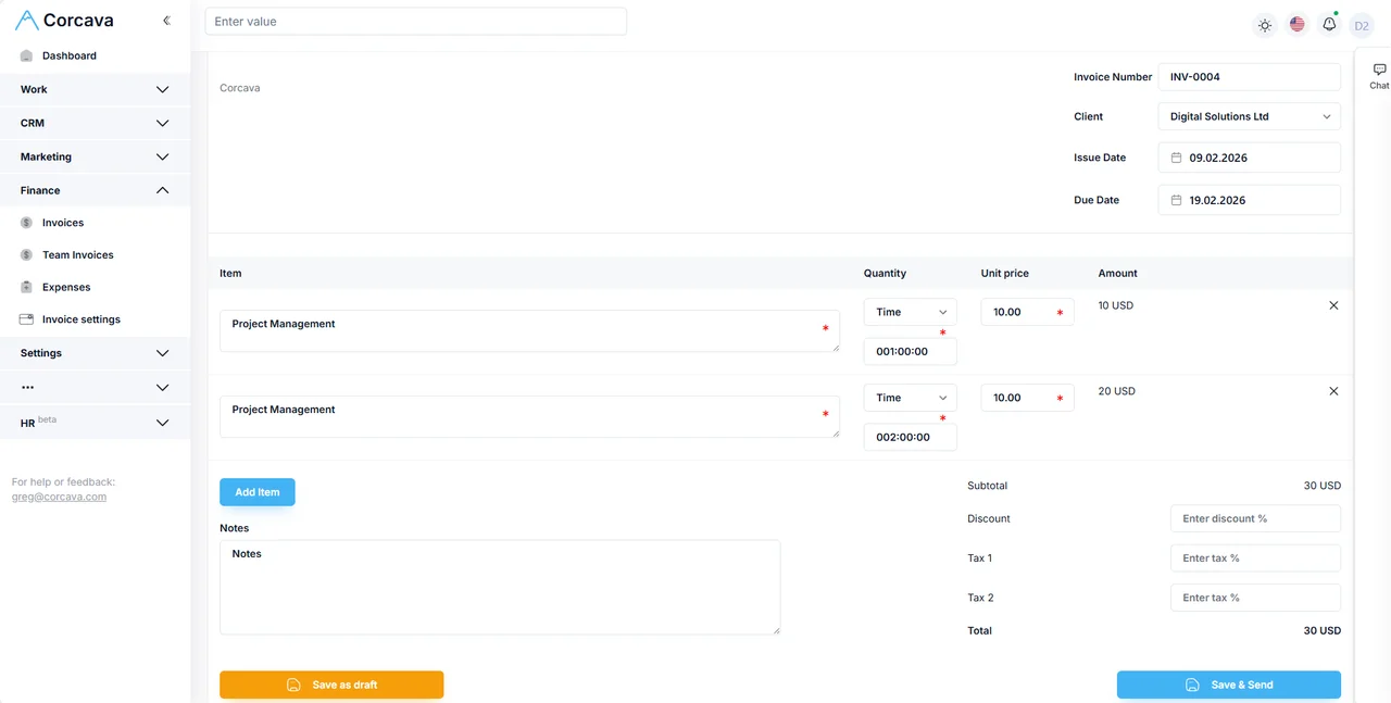 Invoice editor with line items from tracked time
