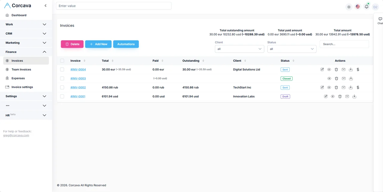 Client invoice list in PSA workflow