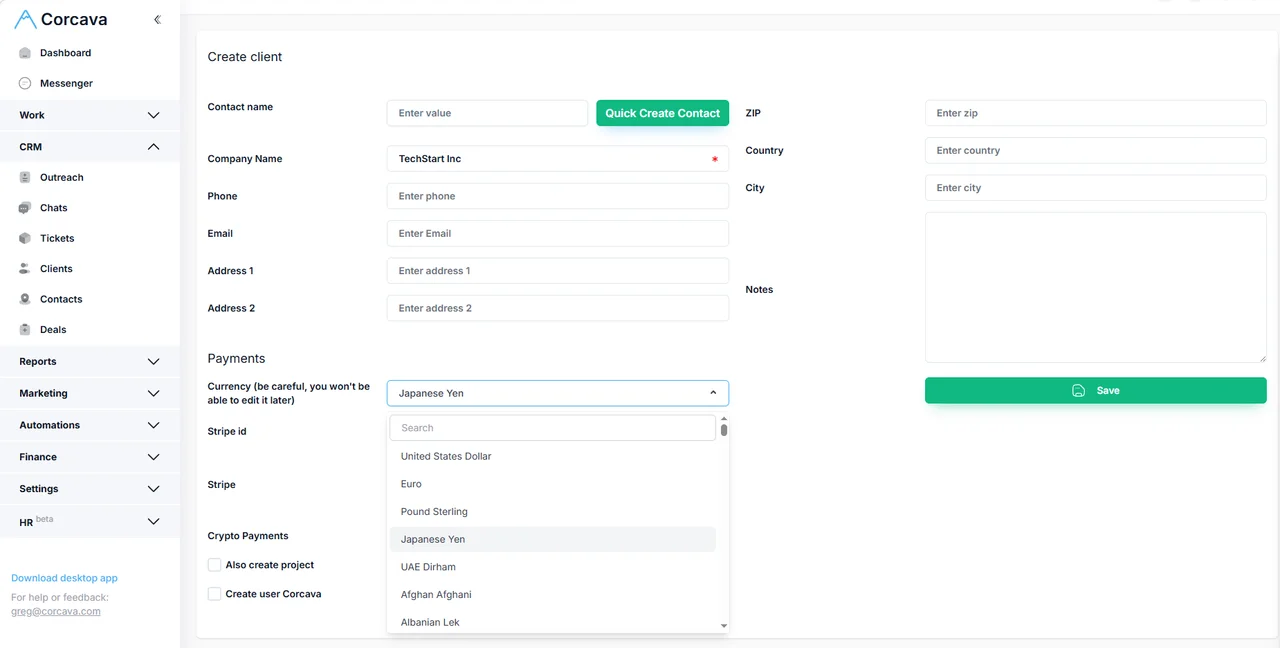 Multi-currency settings in Corcava