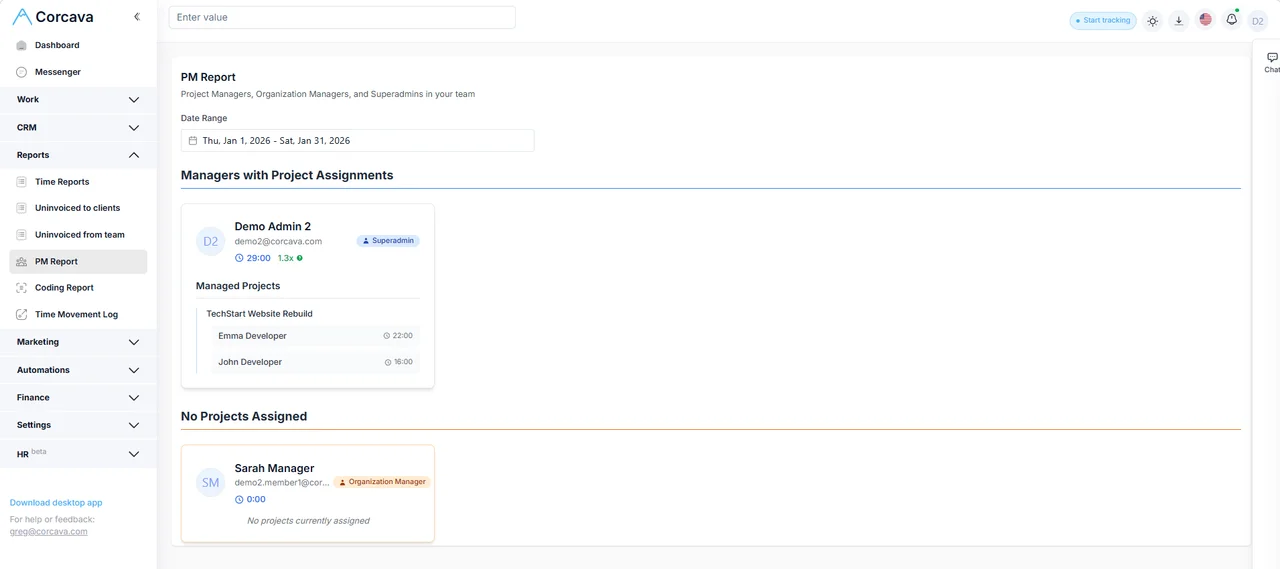 Project performance report with spent vs billed metrics