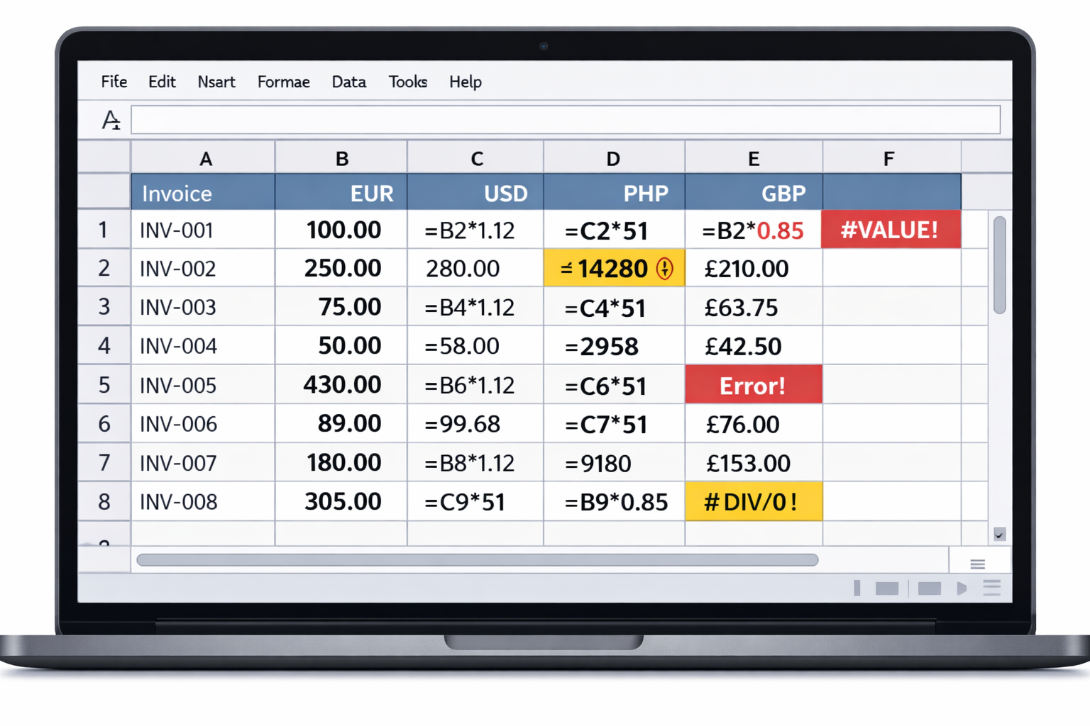 Messy spreadsheet with multiple currency columns and manual exchange rate formulas