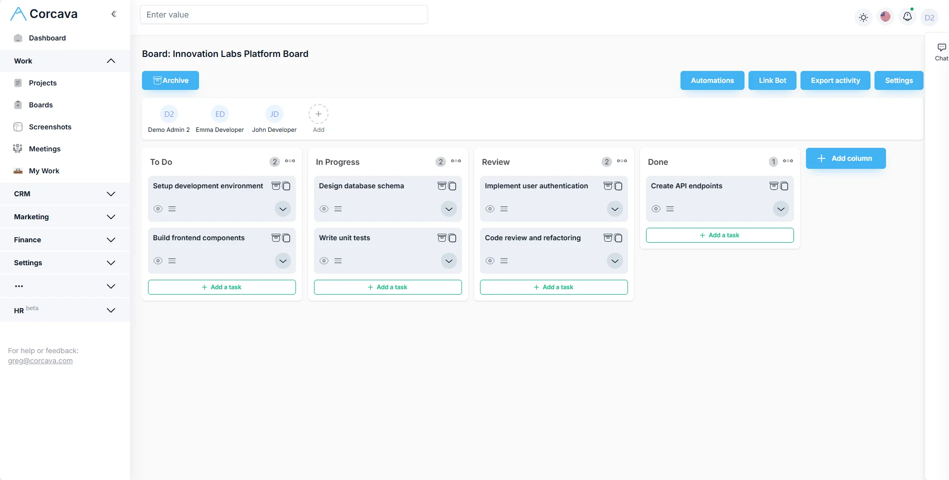 Project board with tasks