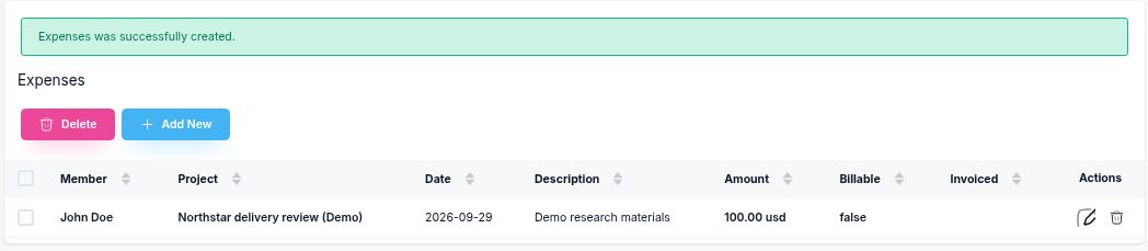 Expenses list showing Demo research materials for Northstar delivery review, dated September 29, 2026, for 100 USD with Billable false