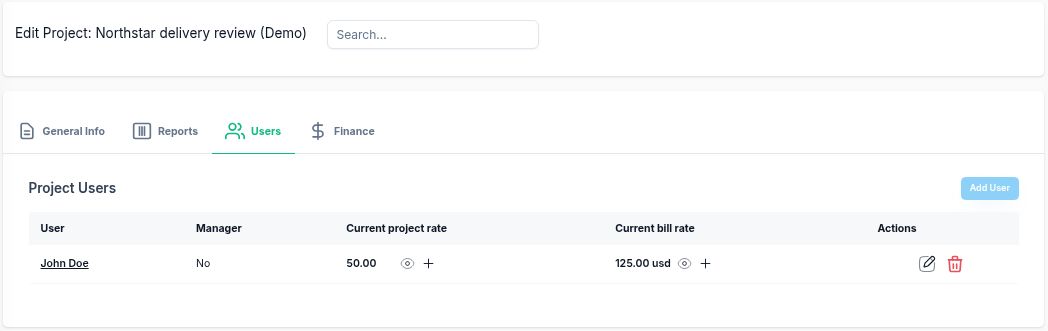Northstar delivery review project Users tab showing John Doe with a current project rate of 50 and current bill rate of 125 USD