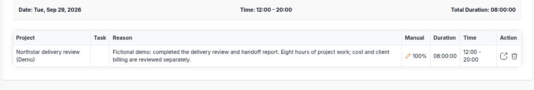 Completed manual time entry for Northstar delivery review on September 29, 2026, with an eight-hour duration