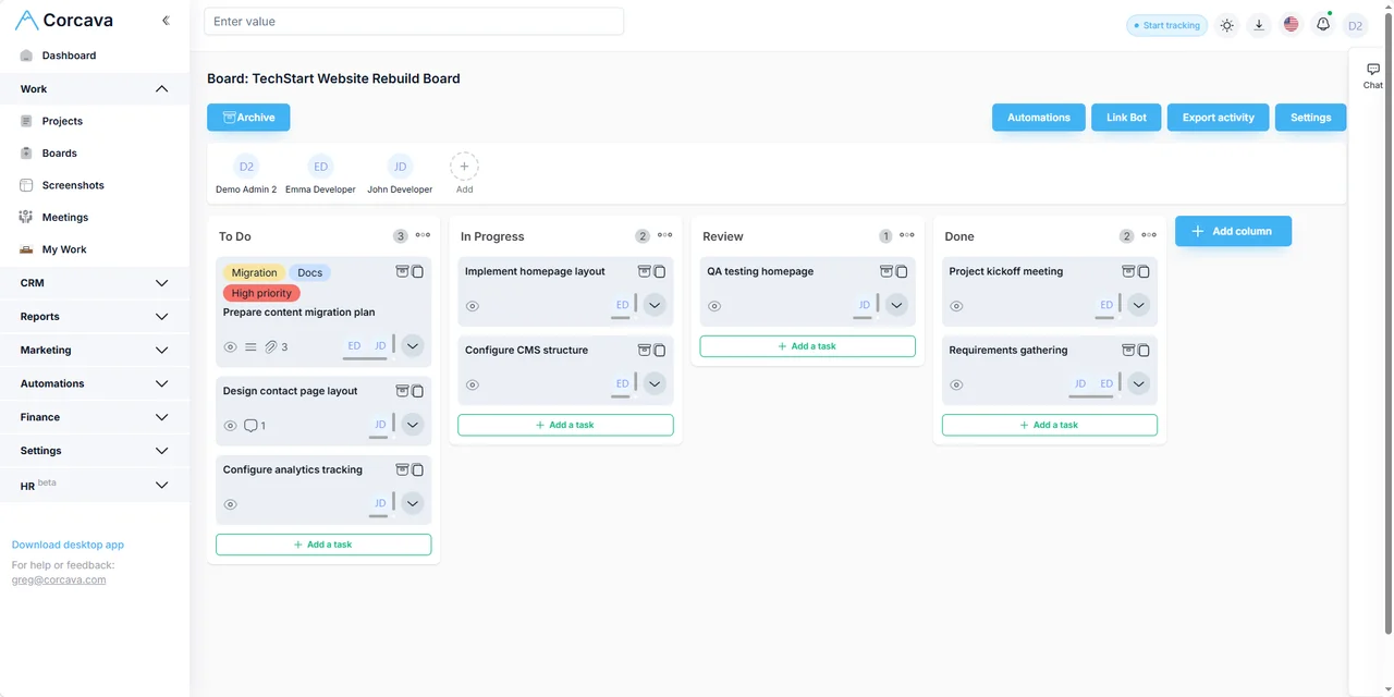 Project management board with tasks in Corcava
