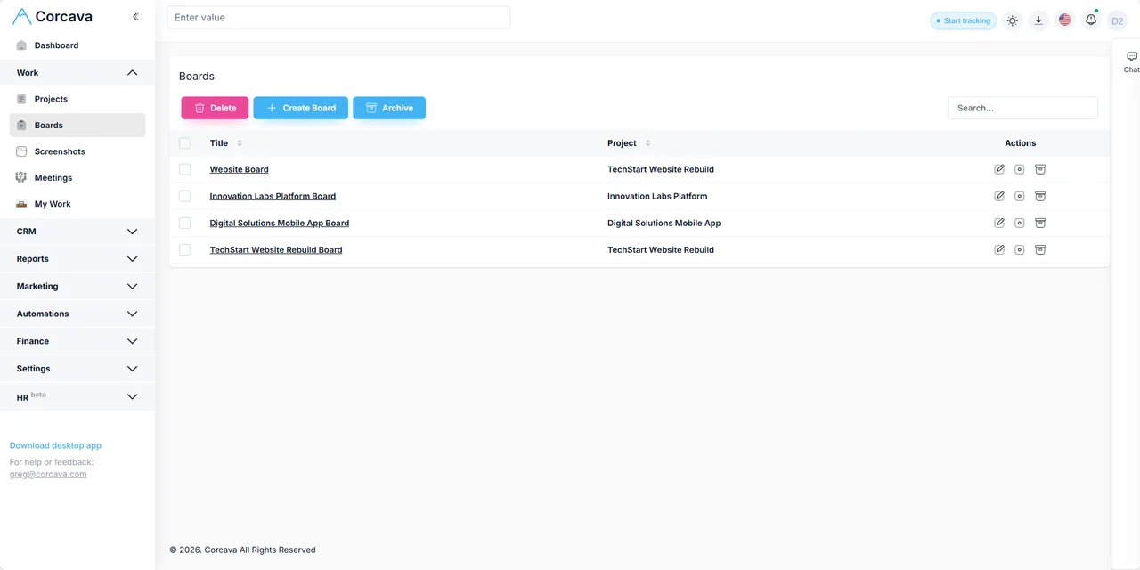 Project list with status and team overview