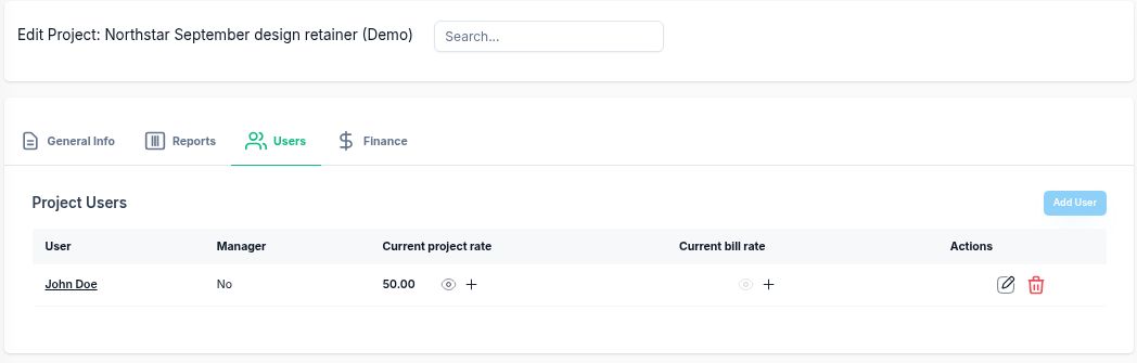 Corcava project Users tab showing John Doe with a $50 cost rate and an empty bill rate