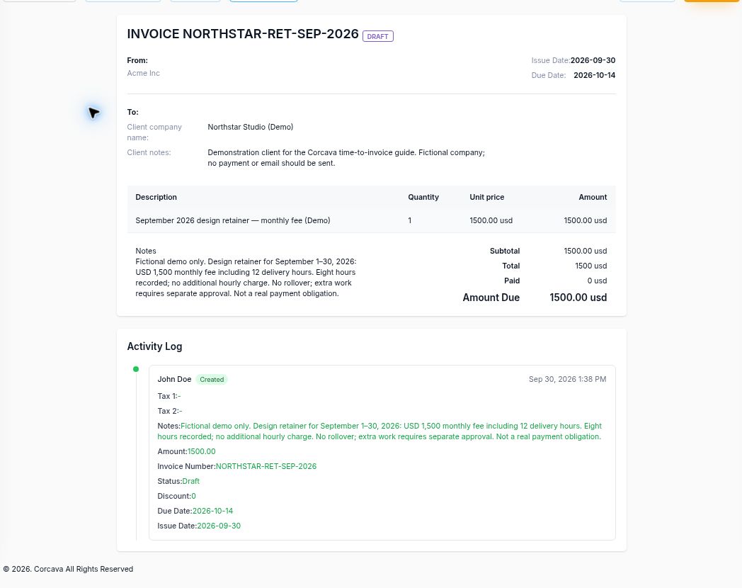 Corcava draft September retainer invoice with one $1,500 monthly fee line and $0 paid