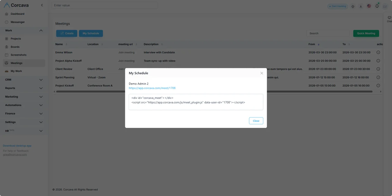 Meeting scheduler settings in Corcava
