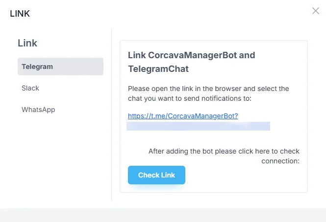 Telegram bot connection settings in Corcava