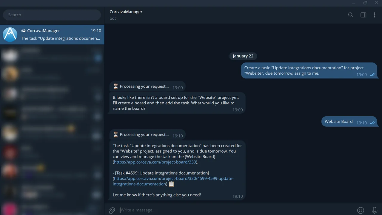 Corcava AI agent and Telegram bot for time tracking and task management
