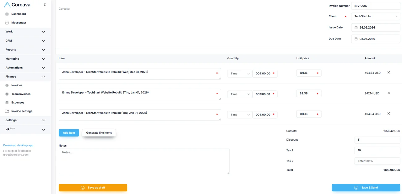 Invoice generated from tracked time with multi-currency and payment options