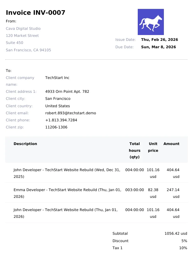Invoice preview generated from tracked billable hours