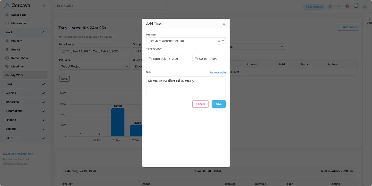Modal de entrada manual de tiempo con selección de proyecto y tarea en la web de Corcava