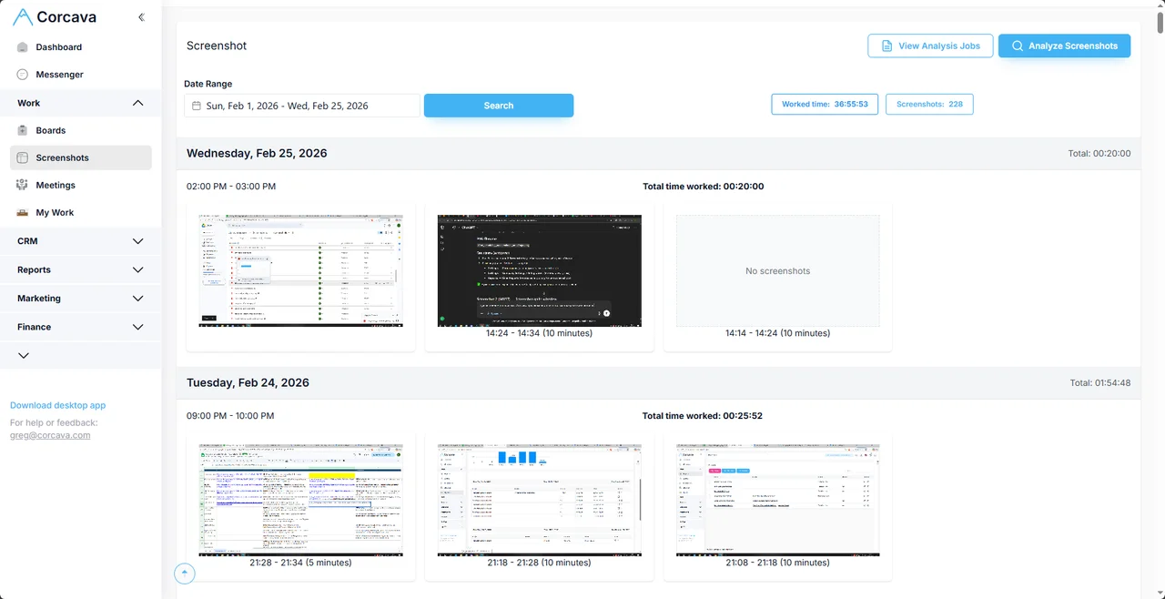 Screenshot gallery with AI analysis controls in Corcava