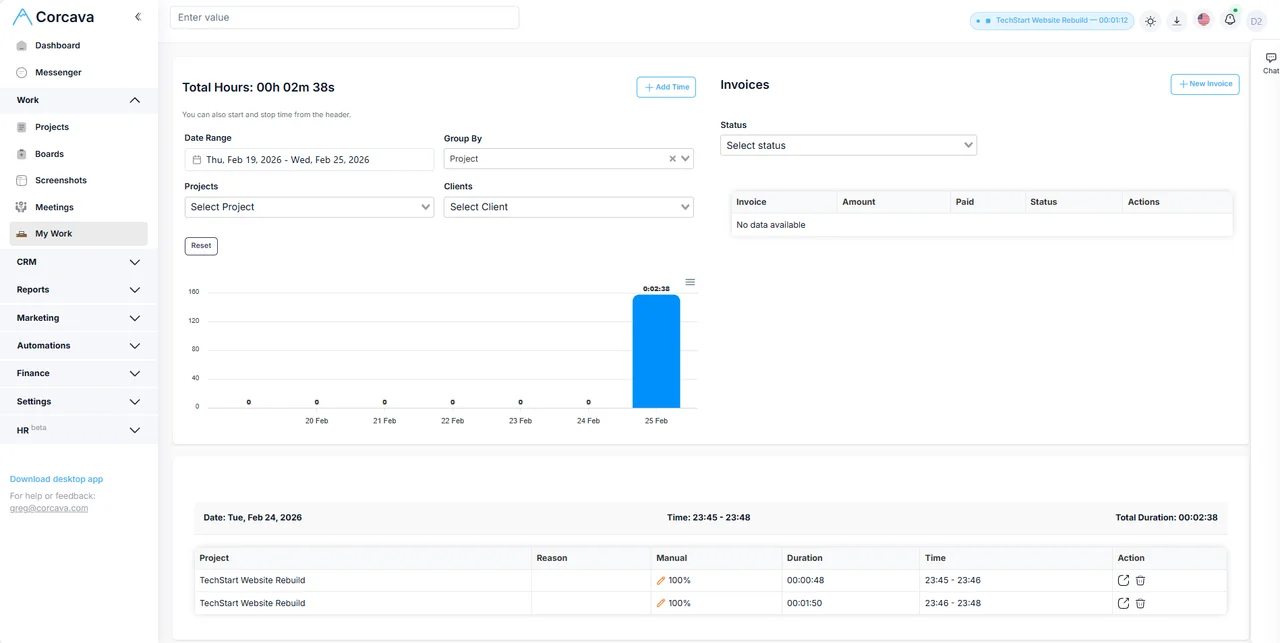 Time tracking timer running against a task in Corcava
