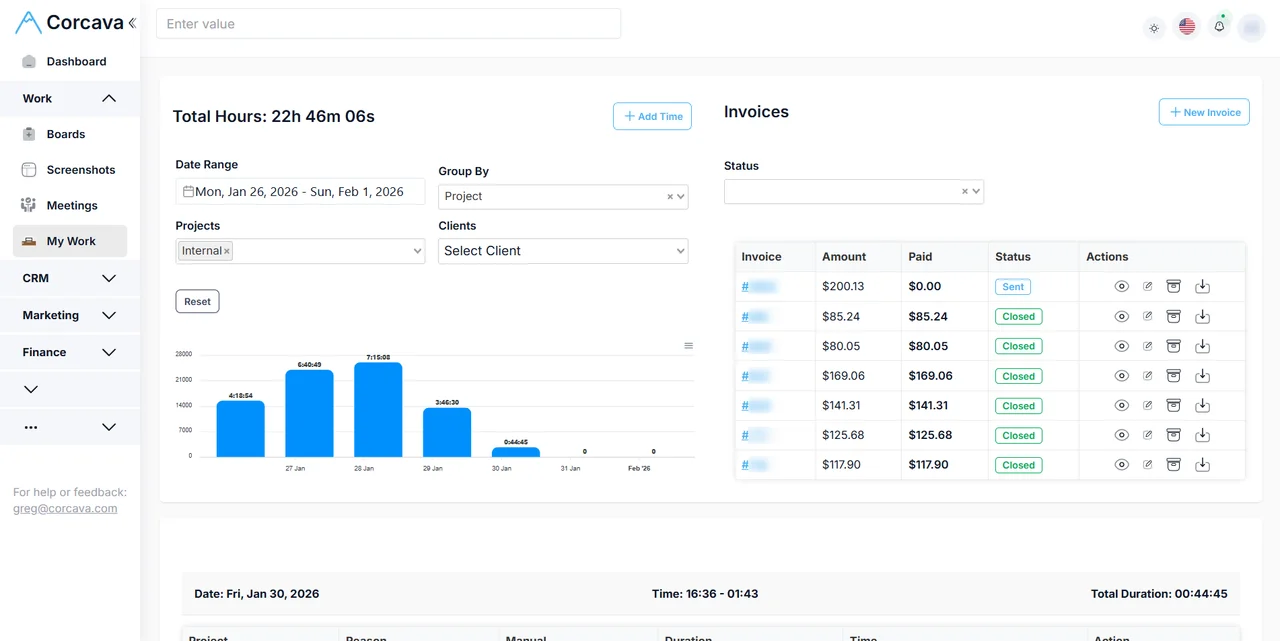 Corcava time tracking across desktop, web, and mobile